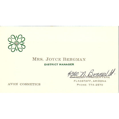 Joyce Bergman Flagstaff AZ Avon Representative Vintage Business Card SE3-B14