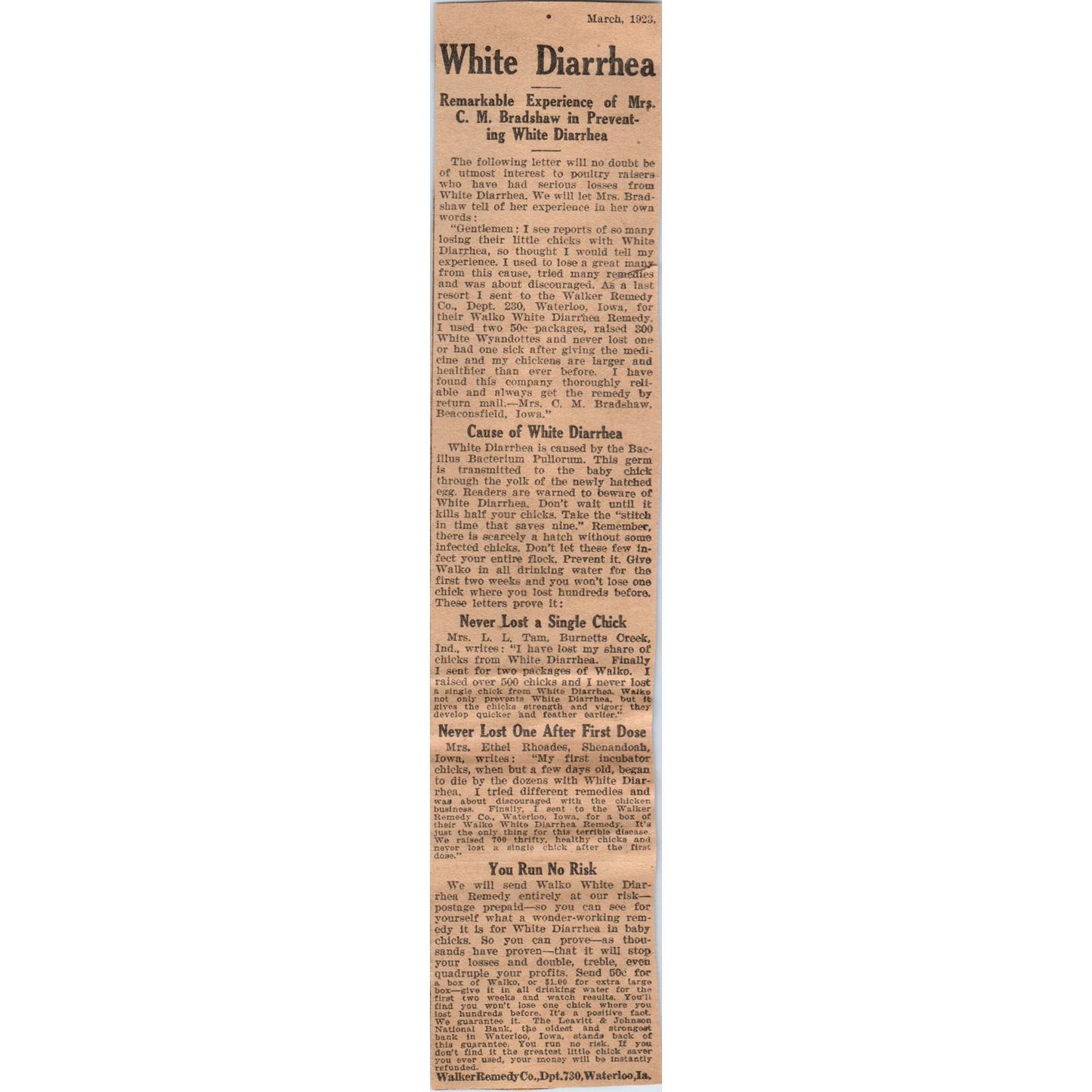 Walker Remedy Co C.M. Bradshaw White Diarrhea Cure 1923 Magazine Ad Clip AE1-2