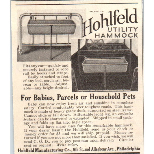Hohlfeld Utility Hammock for Babies, Pets 1924 Magazine Ad AF7-LJ1