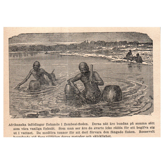 African natives fishing in the Zambezi River 1909 Swedish Engraving Print AF5-14