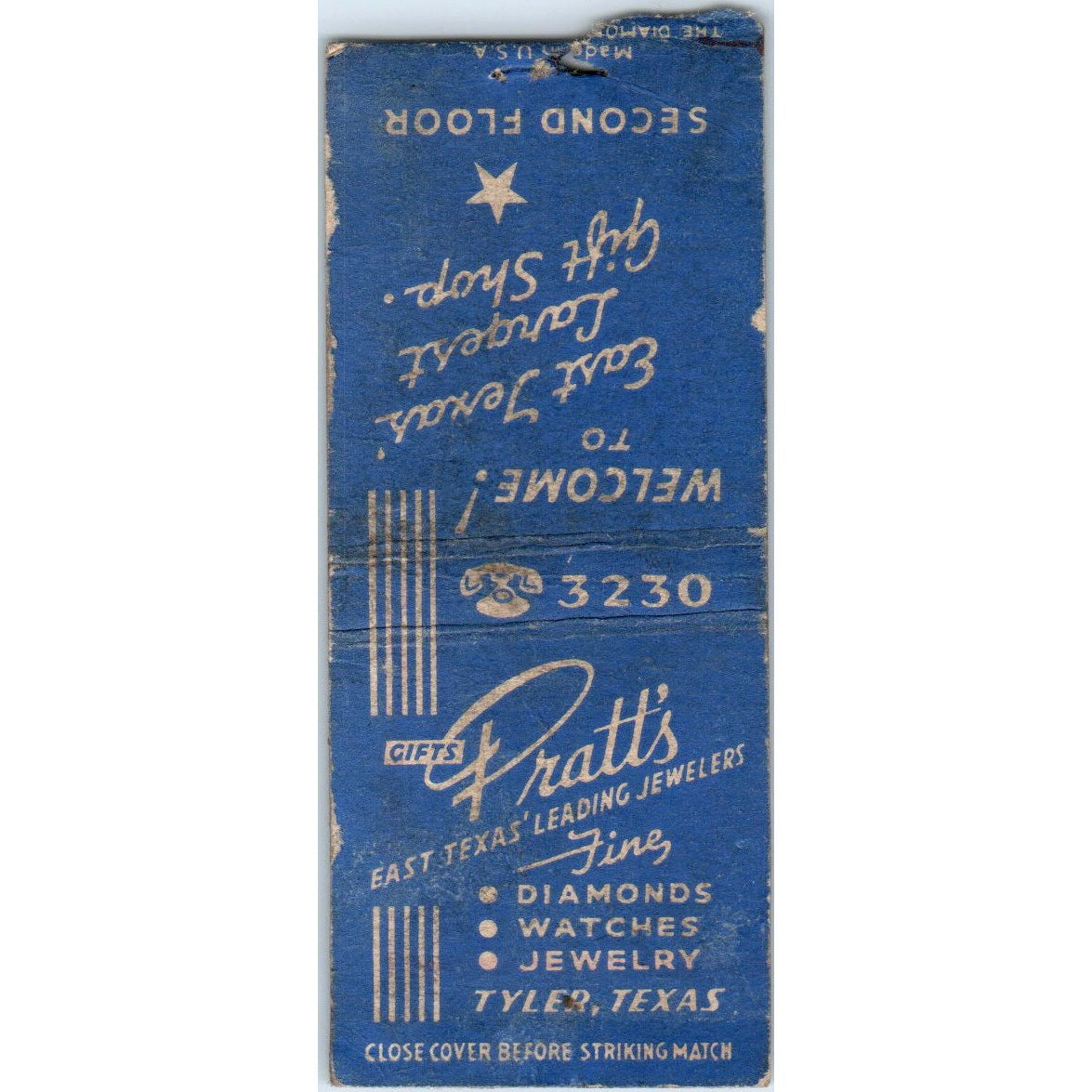 Pratt's Jewelry Watches Tyler Texas Vintage Matchbook Cover SD4-Y3