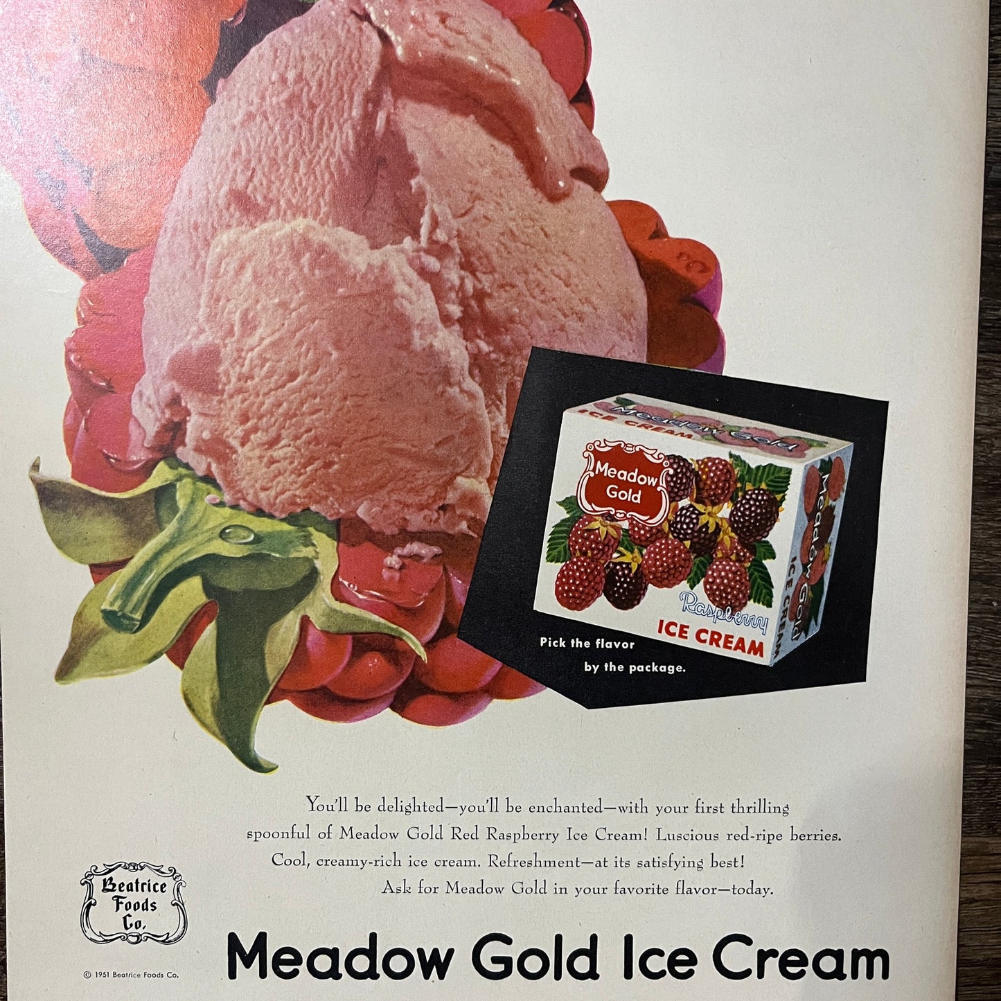 Meadow Gold Ice Cream Raspberry Beatrice Foods Co 1951 Magazine Ad 11x14 V9