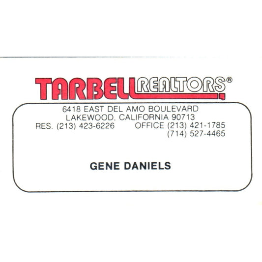 Gene Daniels Tarbell Realtors Lakewood CA Vintage Business Card SD8-B2