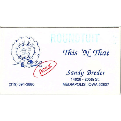 Sandy Breder Roundtuit This N That Mediapolis IA Vintage Business Card SC9-B10
