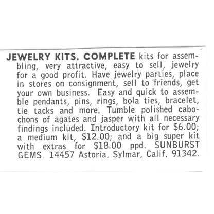 Sunburst Gems Jewelry Kits Sylmar California 1972 Ad AF8-S18