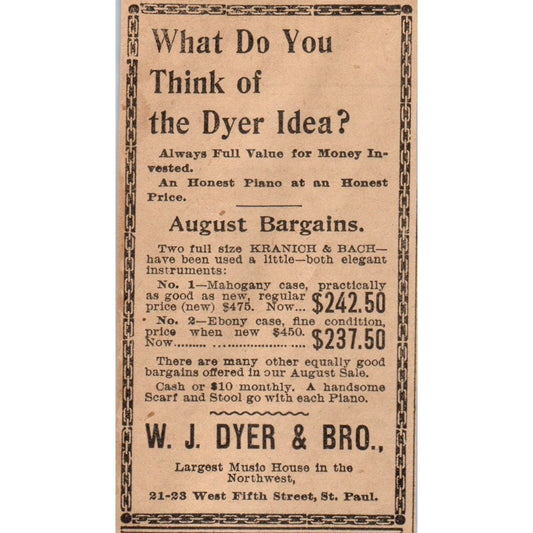 W.J. Dyer & Bro Musc House West Fifth Street St. Paul 1898 Newspaper Ad AF2-Q1