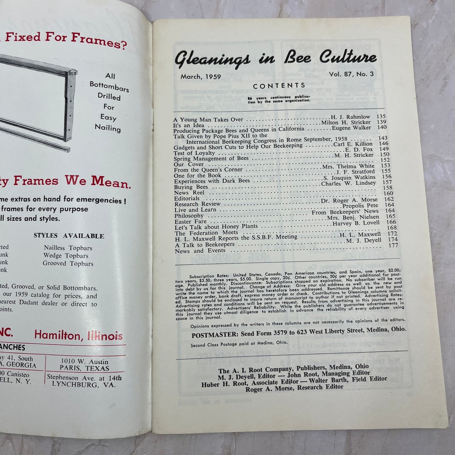 1959 Mar Gleanings in Bee Culture Beekeeping Magazine A.I. Root Co Medina OH TD5