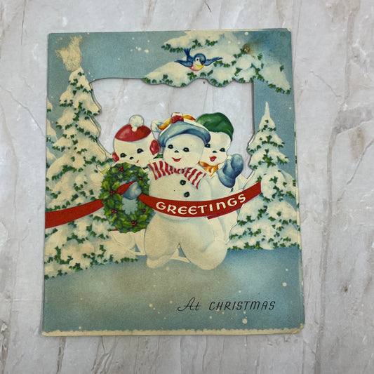 1952 Christmas Greeting Card Die Cut Snowman Tri-Fold Double Sided AE3