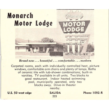 Monarch Motor Lodge Salida, Dakota Lodge South Fork CO 1958 Ad AG1-H2