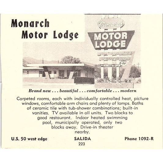 Monarch Motor Lodge Salida, Dakota Lodge South Fork CO 1958 Ad AG1-H2