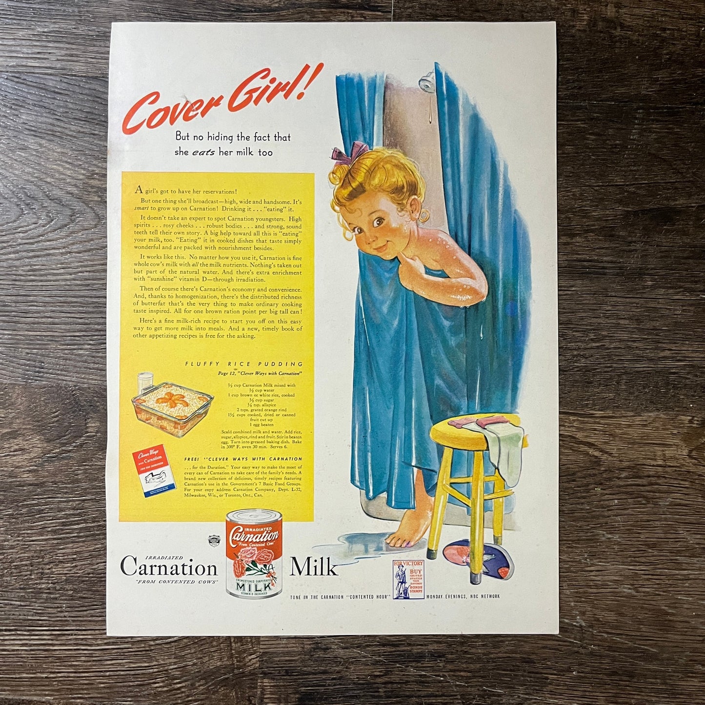 Carnation Milk Fluffy Rice Pudding Recipe War Bonds Magazine Ad 10x14 V7
