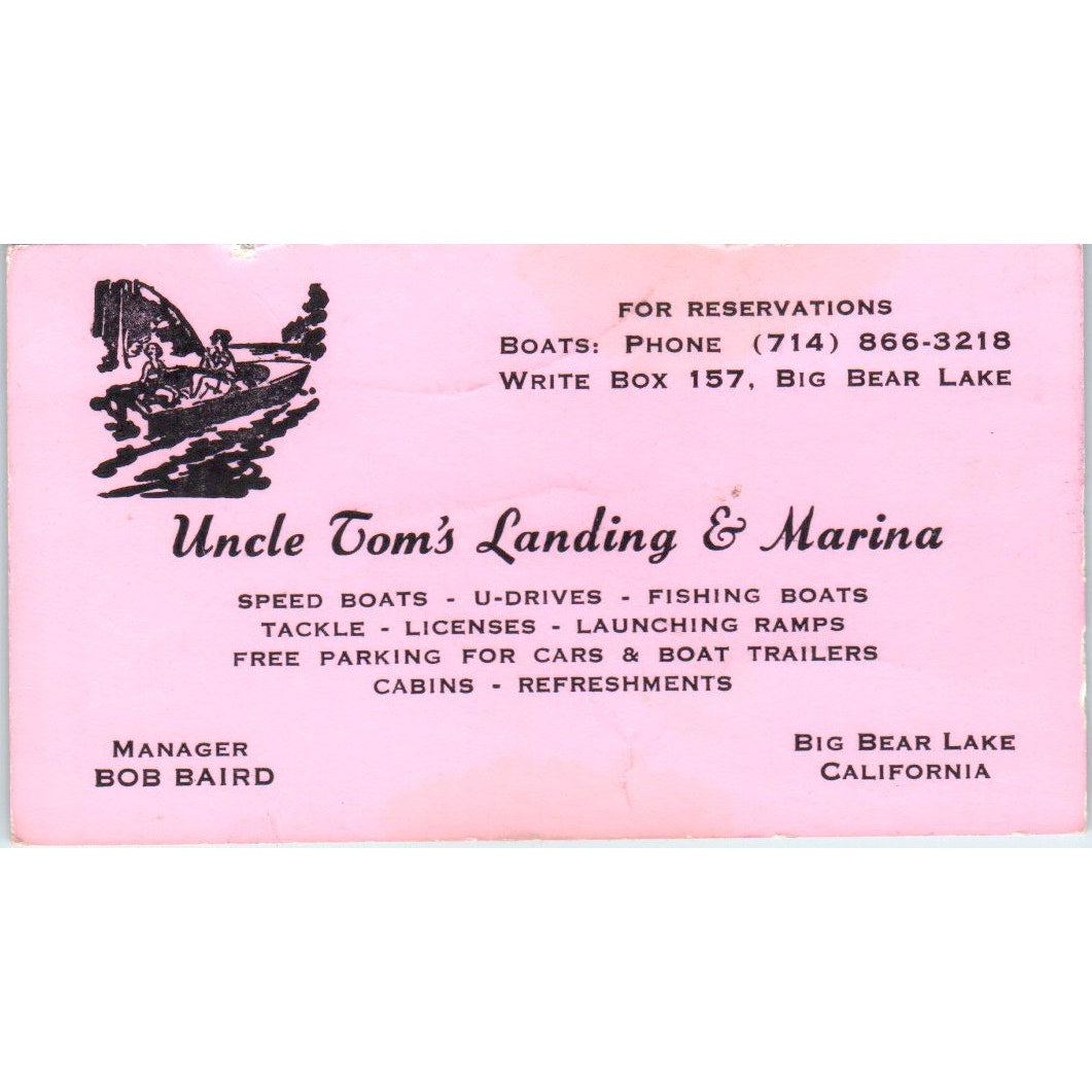 Uncle Tom's Landing & Marina Bob Baird Big Bear Lake CA Vtg Business Card SD8-B8