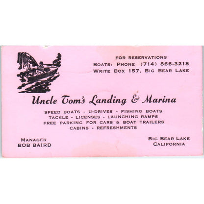 Uncle Tom's Landing & Marina Bob Baird Big Bear Lake CA Vtg Business Card SD8-B8