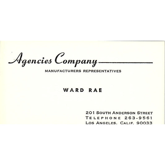 Ward Rae Agencies Company Los Angeles CA Vintage Business Card SD9-B5