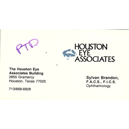 Houston Eye Associates Sylvan Brandon Houston Texas Vintage Business Card SB4-B3