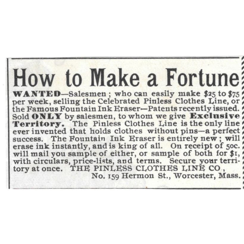 The Pinless Clothesline Salesmen Wanted Worcester MA c1890 Victorian Ad AE9-CH1