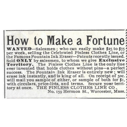 The Pinless Clothesline Salesmen Wanted Worcester MA c1890 Victorian Ad AE9-CH1