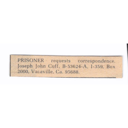 Prisoner Requests Correspondence Joseph John Cuff Vacaville 1/2x2 1974 Ad AF6-S6