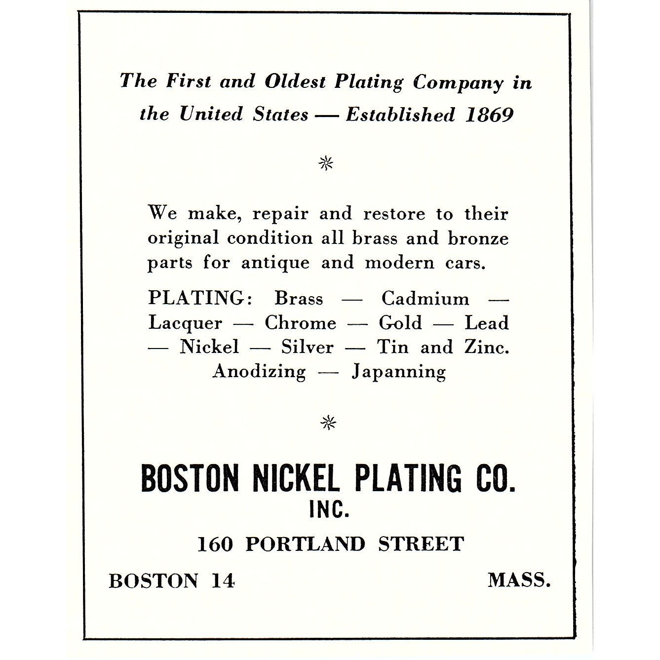 Boston Nickel Plating Co 160 Portland Street Boston MA 1950 Ad AF6-M8