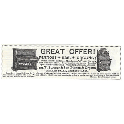 The T Swoger & Son Pianos and Organs Beaver Falls PA c1890 Victorian Ad AE8-CH13