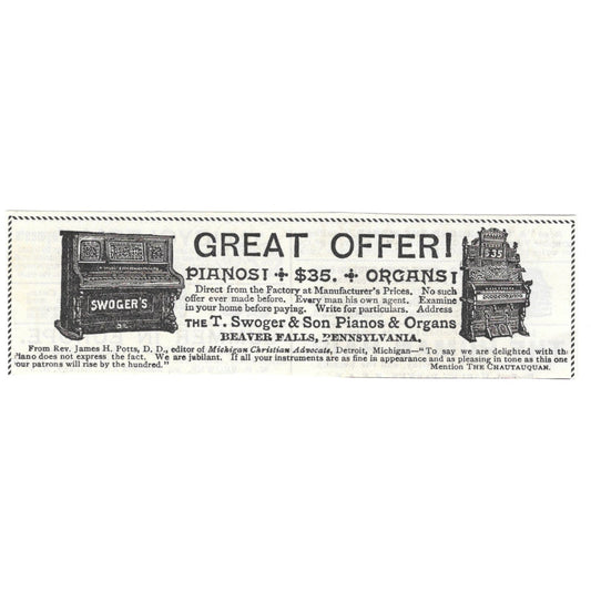 The T Swoger & Son Pianos and Organs Beaver Falls PA c1890 Victorian Ad AE8-CH13