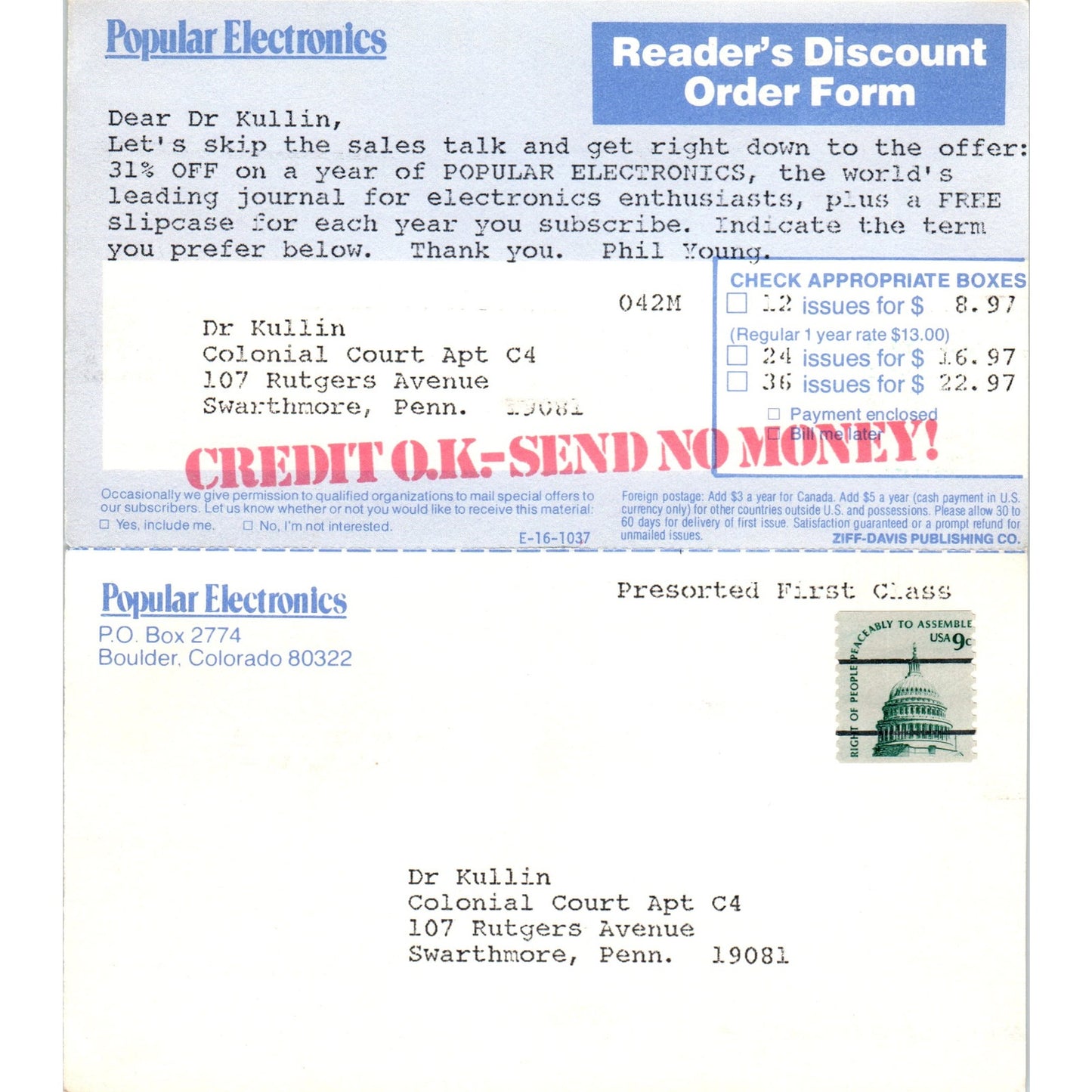 c1980s Popular Electronics Order Form Subscription Advertising Postal Card PD7