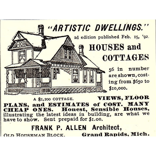 Frank P. Allen Architect Grand Rapids Michigan 1892 Ad AG2-S25