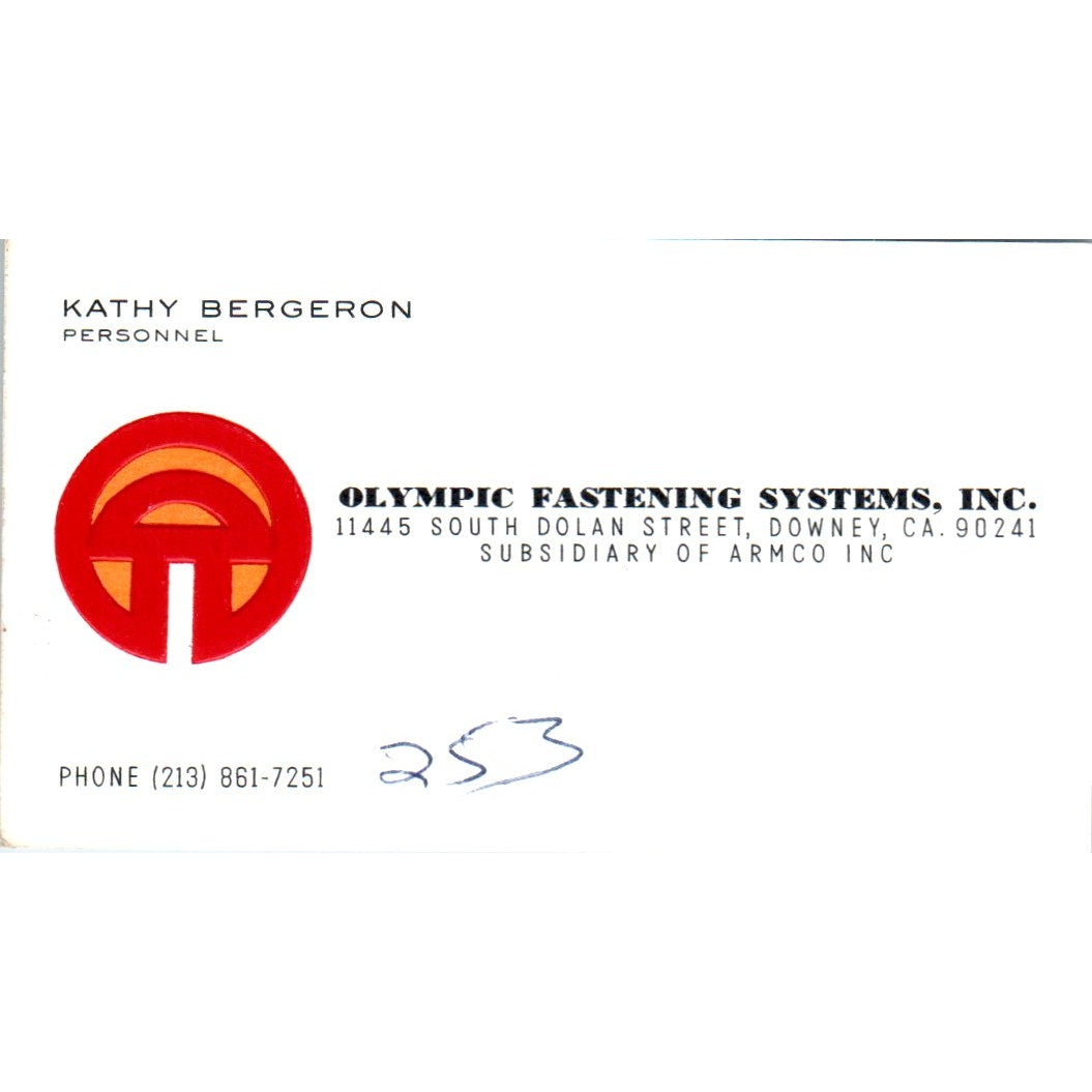 Kathy Bergeron Olympic Fastening Systems Downey CA Vintage Business Card SE3-B4