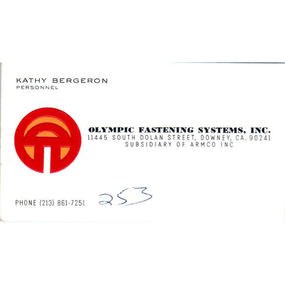 Kathy Bergeron Olympic Fastening Systems Downey CA Vintage Business Card SE3-B4