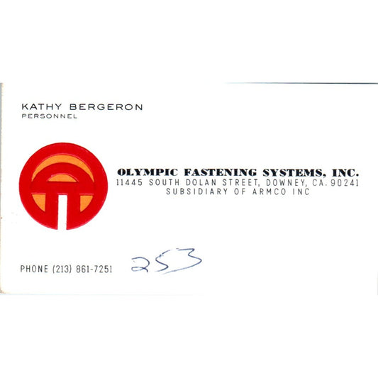Kathy Bergeron Olympic Fastening Systems Downey CA Vintage Business Card SE3-B4
