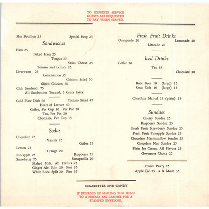 1939 Empire State Observatory Fountain and Tea Room Original Menu AE7