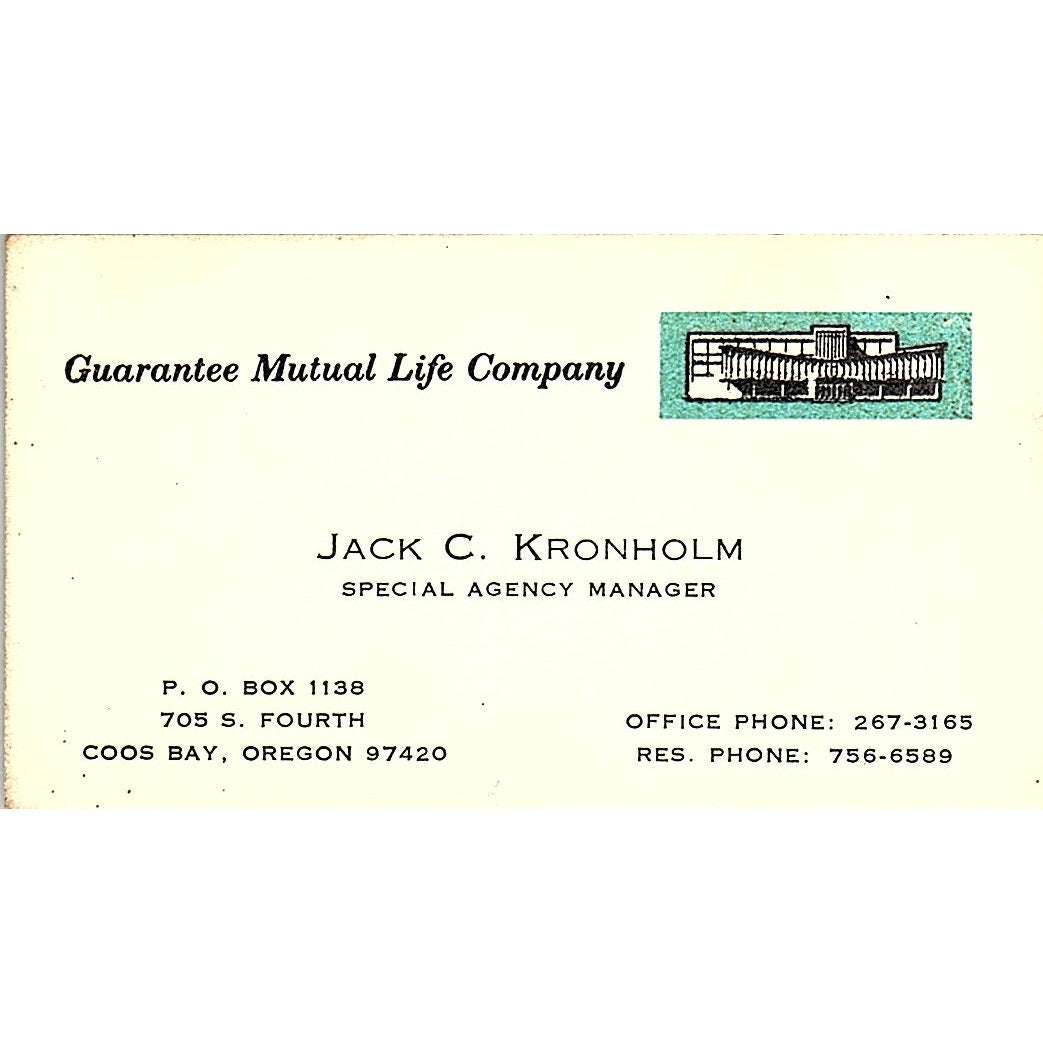 Jack C Kronholm Guarantee Mutual Life Coos Bay OR Vintage Business Card SD9-B8