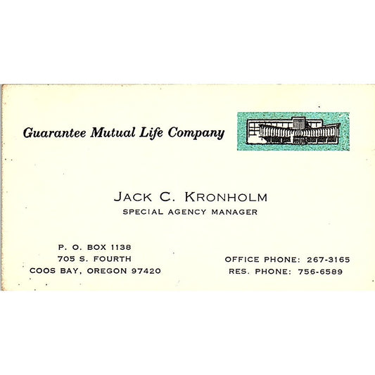 Jack C Kronholm Guarantee Mutual Life Coos Bay OR Vintage Business Card SD9-B8