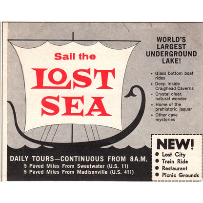 Sail the Lost Sea Underground Lake Sweetwater Madisonville 1973 Ad AD8-B9