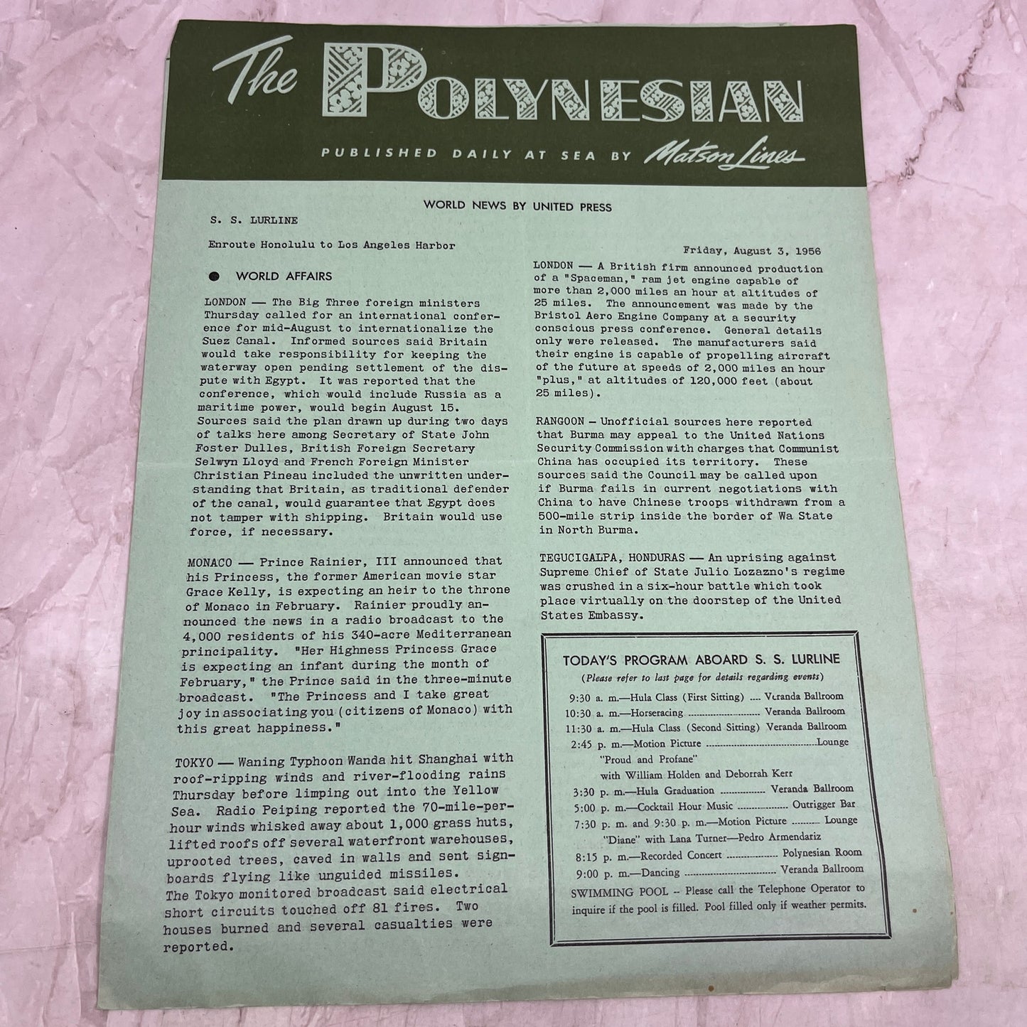 1956 Aug 8 - The Polynesian Hawaii Travel Newsletter Matson Lines TJ5-E1