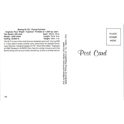 Boeing B-17G Flying Fortress Vintage Postcard PC19