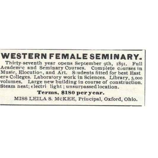 Western Female Seminary Leila S. McKee Oxford Ohio c1890 Victorian Ad AE9-CH3