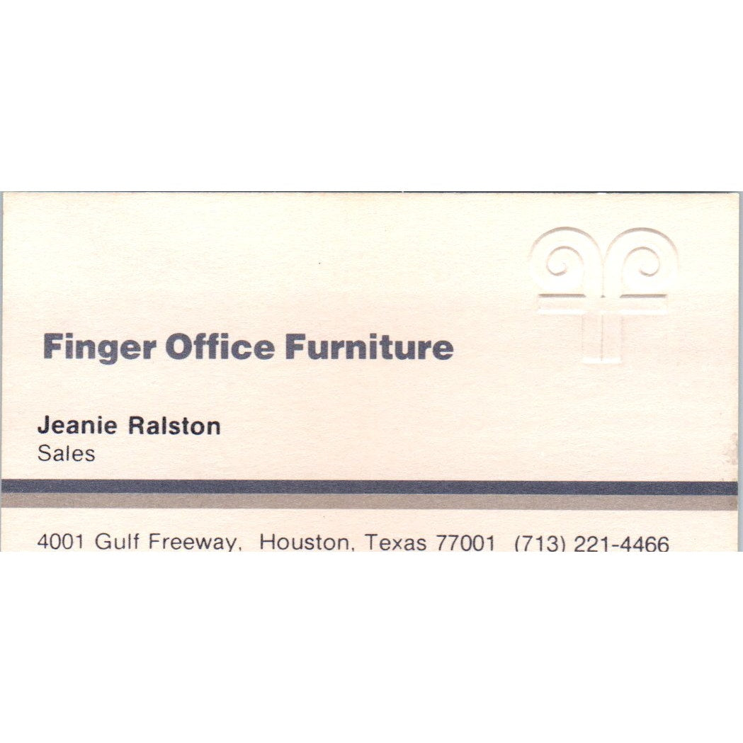 Jeanie Ralston Finger Office Furniture Houston Vintage Business Card SD8-B20