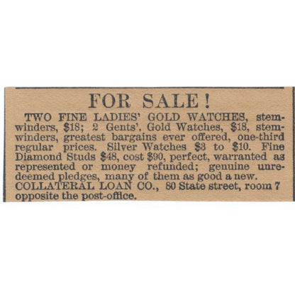 Collateral Loan Co Ladies Gold Watches Hartford 1886 Newspaper Ad AF7-SS8