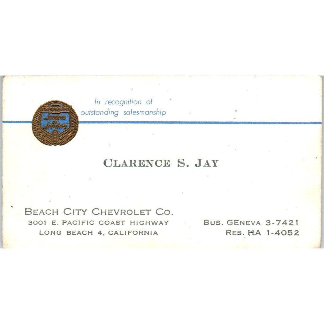 Clarence S. Jay Beach City Chevrolet Long Beach CA Vintage Business Card SE3-B7