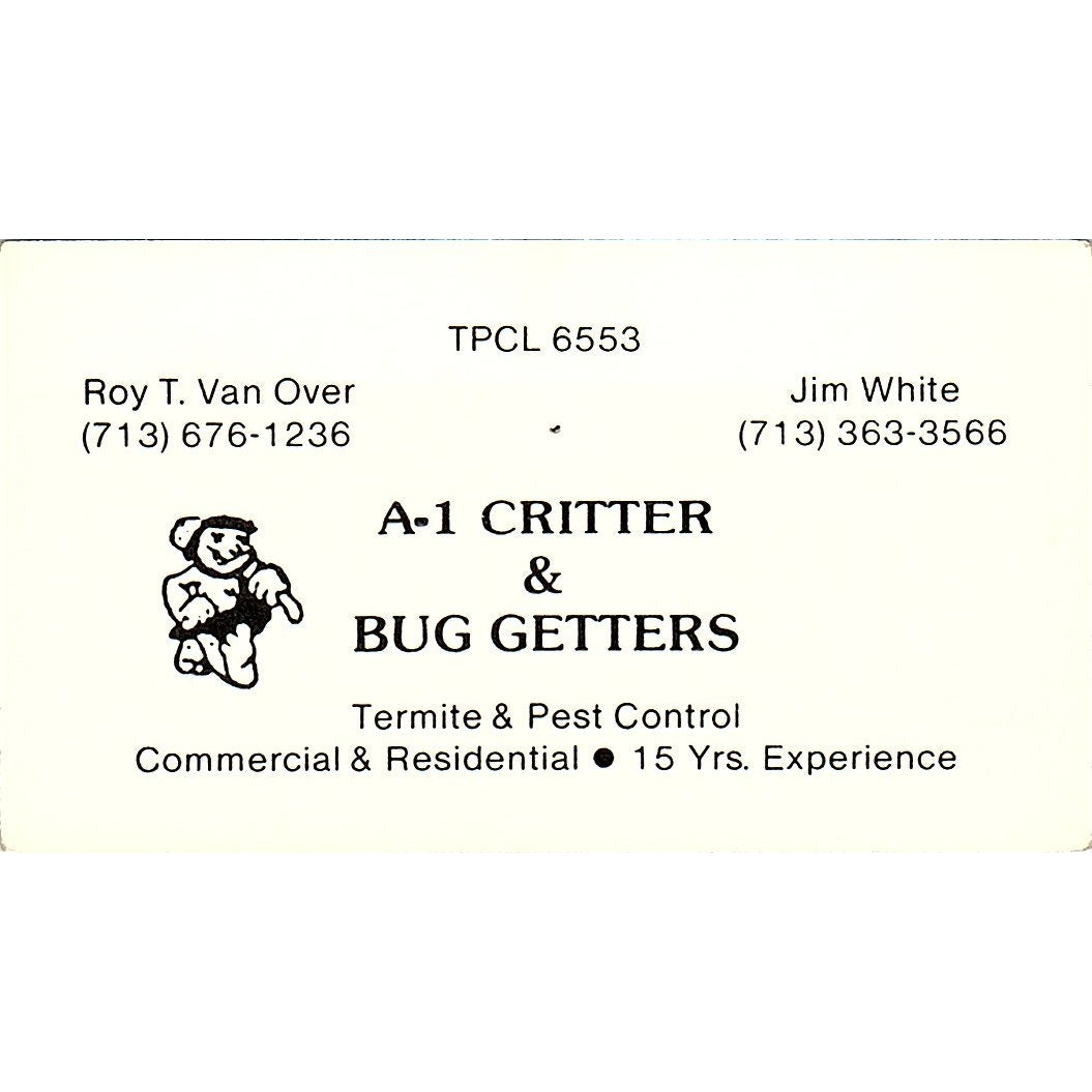 A-1 Critter & Bug Getters Jim White Roy T. Van Over Vintage Business Card SB4-B1