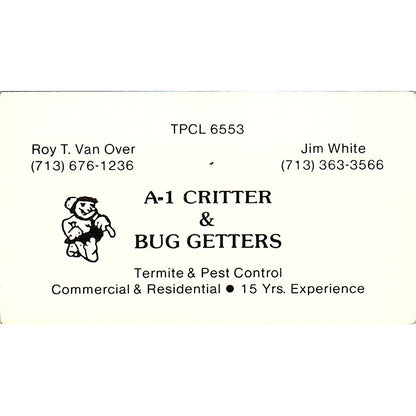 A-1 Critter & Bug Getters Jim White Roy T. Van Over Vintage Business Card SB4-B1