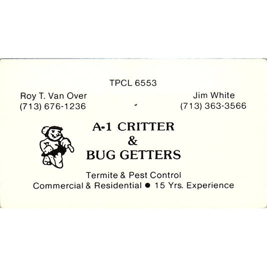 A-1 Critter & Bug Getters Jim White Roy T. Van Over Vintage Business Card SB4-B1