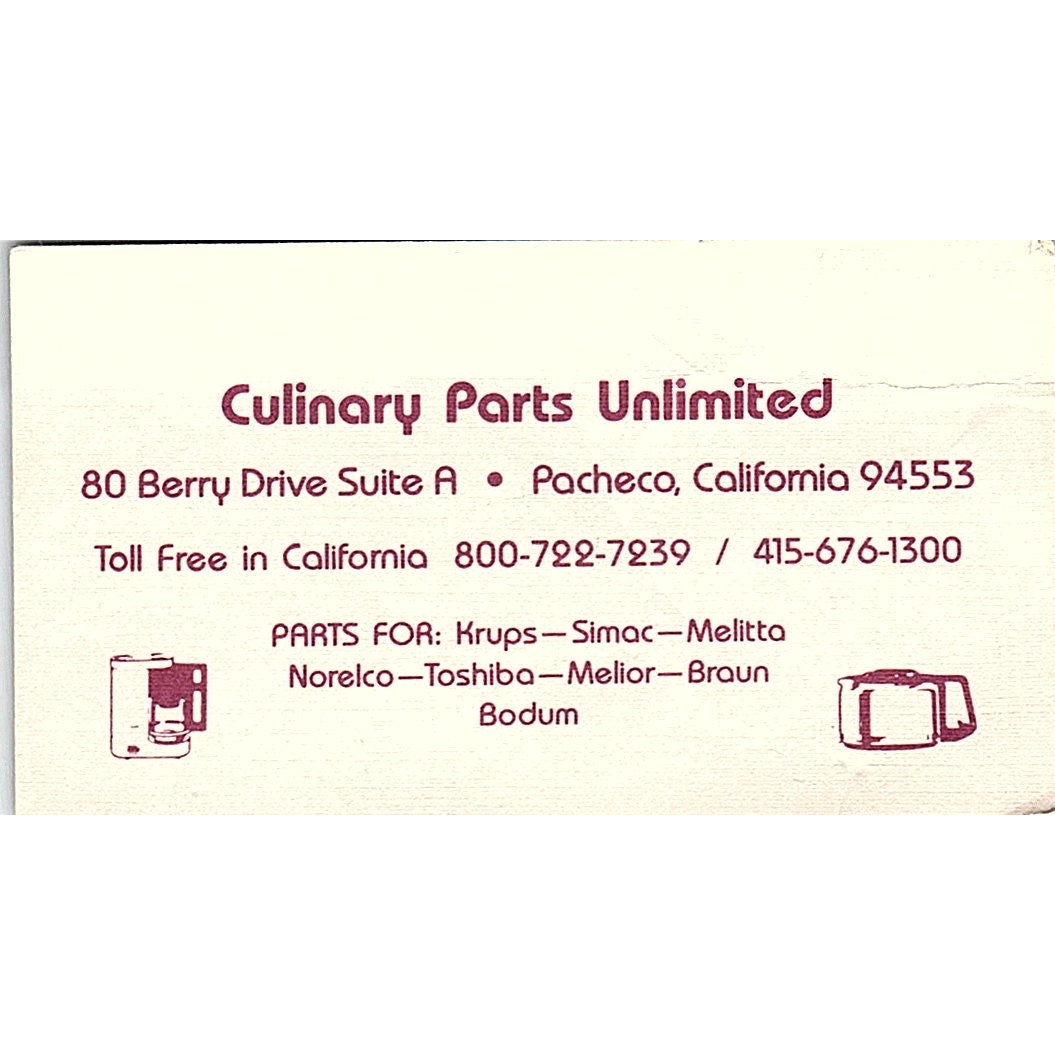 Culinary Parts Unlimited Pacheco CA Vintage Business Card SC9-B5