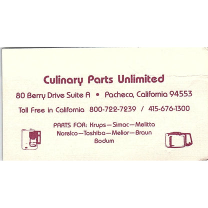 Culinary Parts Unlimited Pacheco CA Vintage Business Card SC9-B5