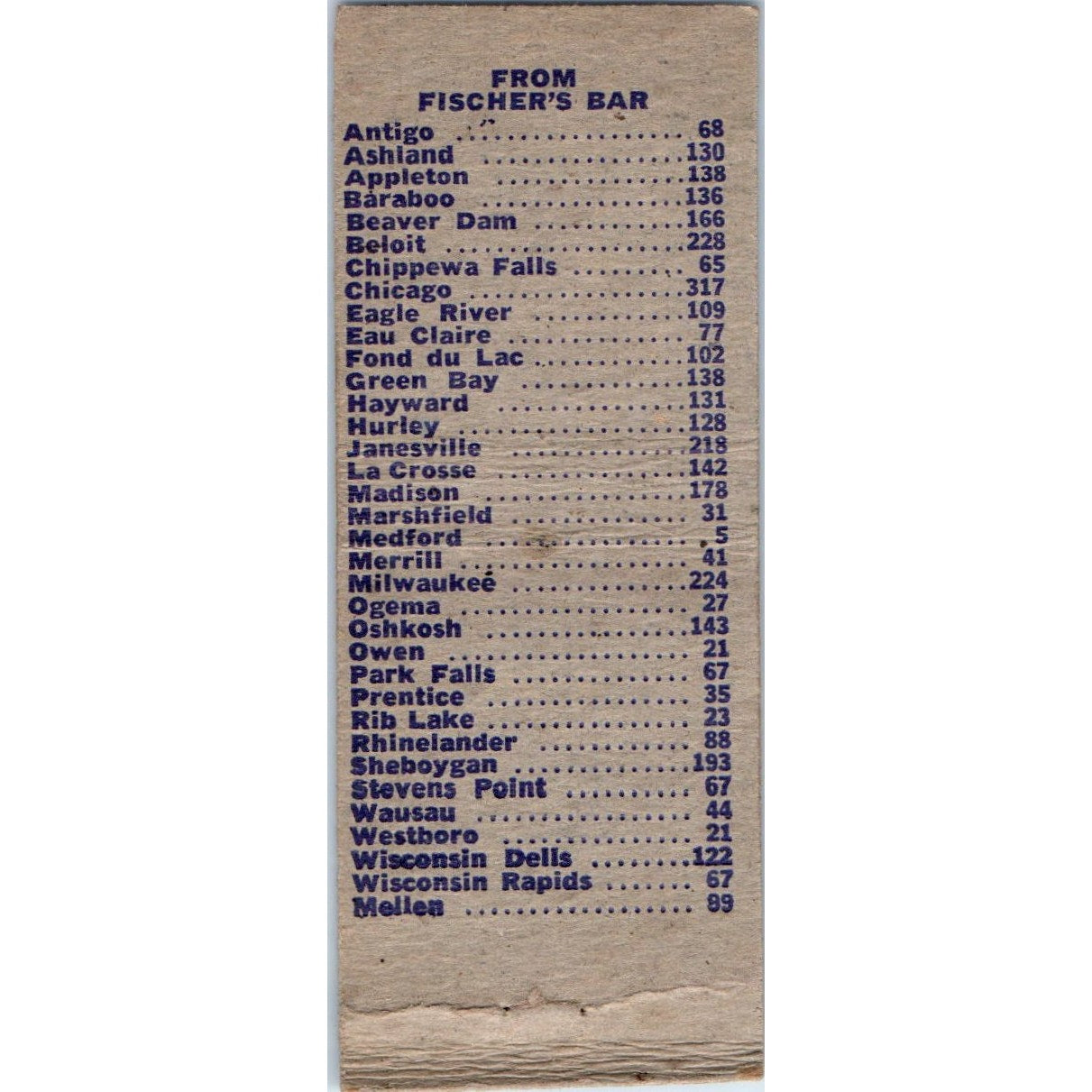 Fischer's Bar Stetsonville WI Vintage Matchbook Cover SD4-Y5