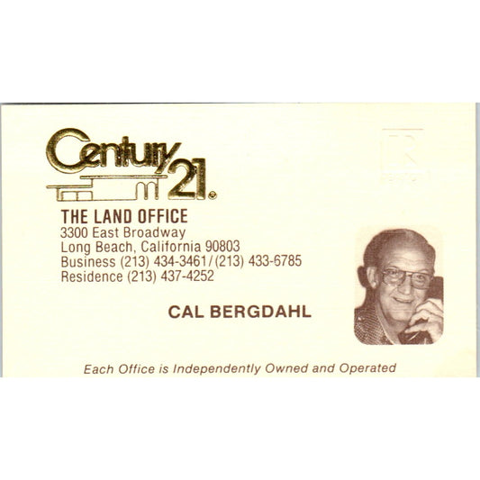 Cal Bergdahl The Land Office Century 21 Realty Long Beach Business Card SD4-B5