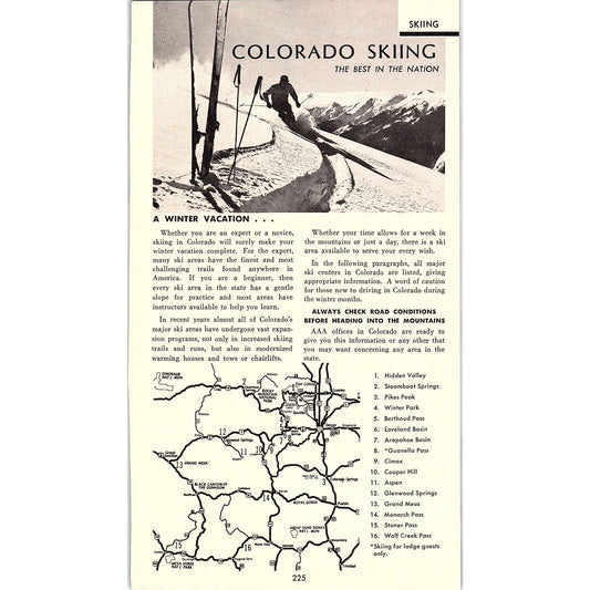 Colorado Skiing Tourist Travel Map 1958 Ad AG1-8