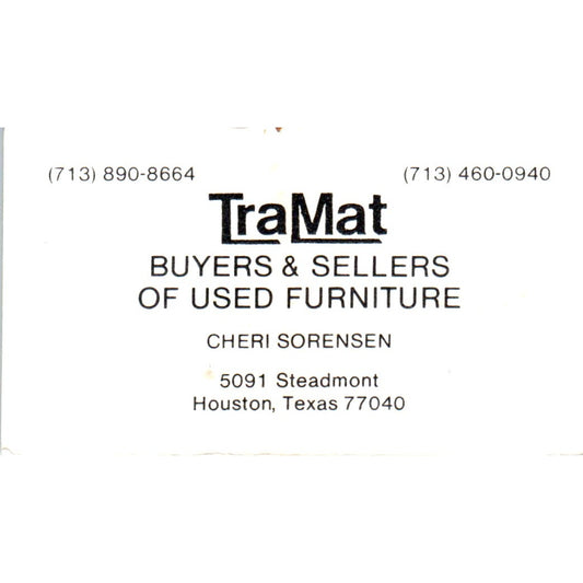TraMat Used Furniture Cheri Sorensen Houston Vintage Business Card SD8-B20