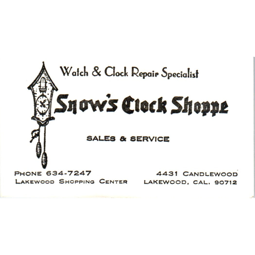 Snow's Clock Shoppe Lakewood CA Vintage Business Card SE3-B6